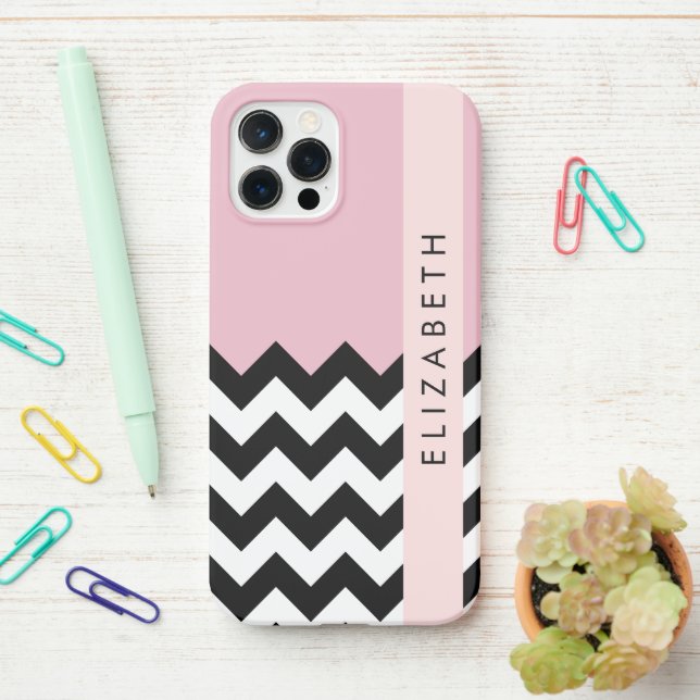 Coque iPhone Zigzag noir et blanc, Chevron, rose, Votre nom (Sur le bureau)