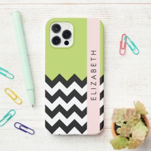 Coque iPhone 12 Pro Zigzag noir et blanc, Chevron, Vert, Votre nom