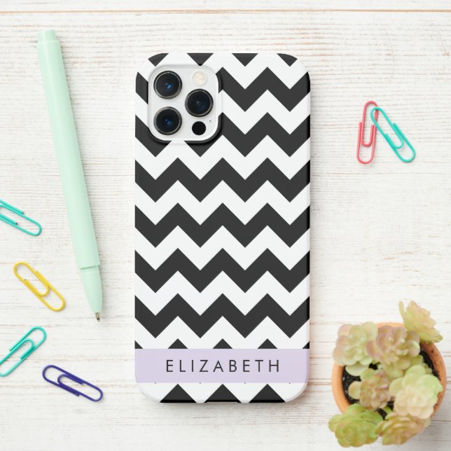 Coque iPhone Zigzag noir et blanc, Motif Chevron, Votre nom (Sur le bureau)