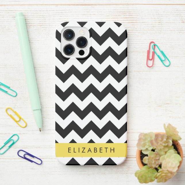 Coque iPhone Zigzag noir et blanc, Motif Chevron, Votre nom (Sur le bureau)