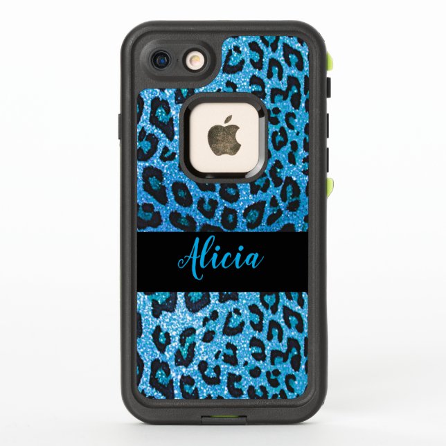 Coque LifeProof Pour iPhone Blue Leopard Faux Parties scintillant Nom personna (Dos)