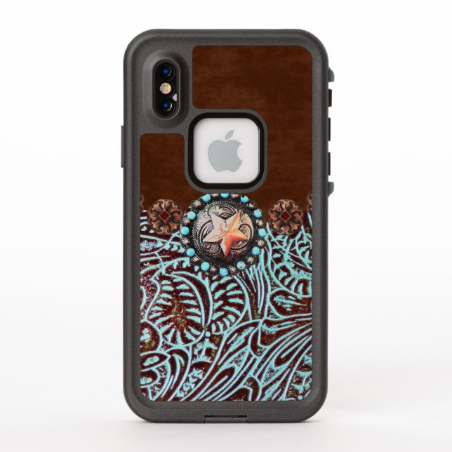 Coque LifeProof Pour iPhone brun turquoise western pays à outils cuir (Dos)