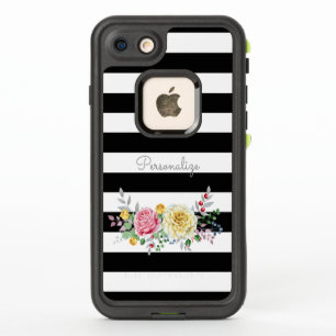 Chic Rose Floral tendance rayures noires et nom