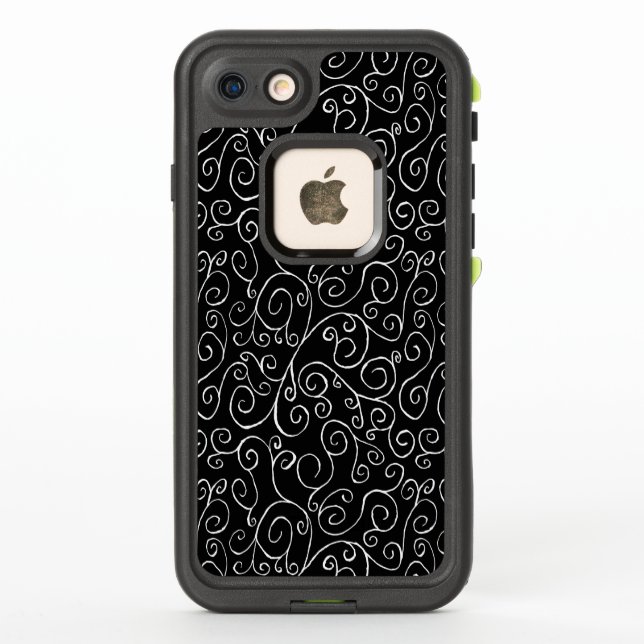 Coque LifeProof Pour iPhone Courbes de défilement blanches complexes sur noir (Dos)