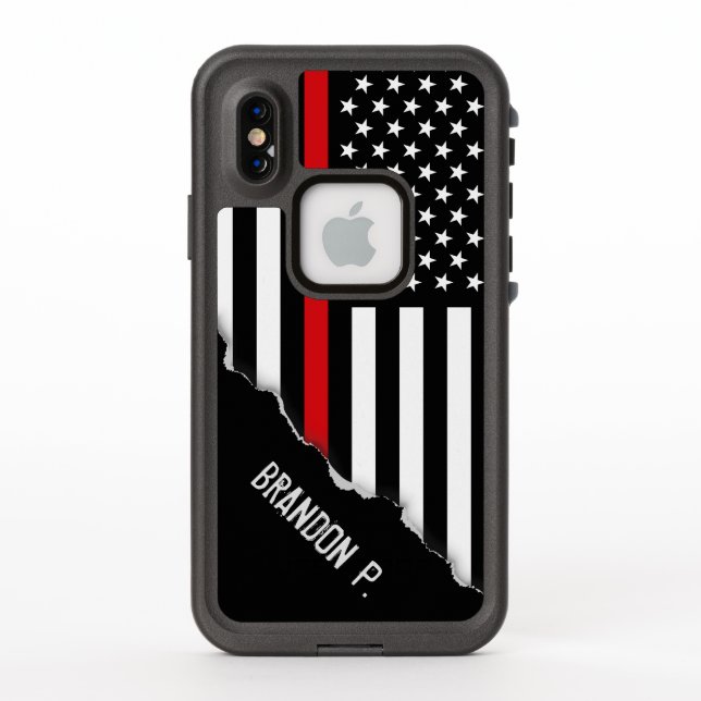 Coque LifeProof Pour iPhone Déchiré Regarder le drapeau du pompier Nom personn (Dos)