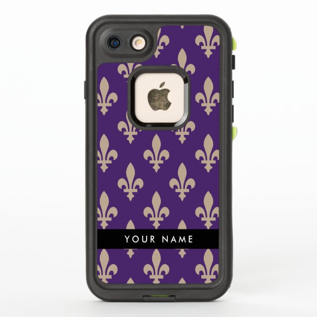 Coque LifeProof Pour iPhone Fleur de Lis, Beige sur Violet, Royal, Votre Nom (Dos)