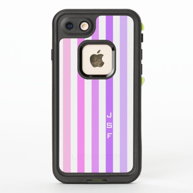 Coque LifeProof Pour iPhone Monogramme à bandes verticales violettes et roses (Dos)