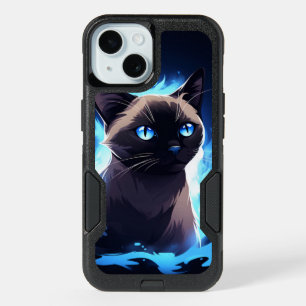 Coque iPhone 15 Chat siamois gris et noir sur bleu électrique