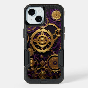 Coque iPhone 15 Engrenages et cogs à vapeur violet et or