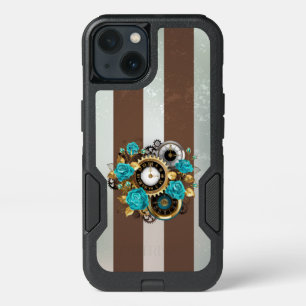 Steampunk Clock and Turquoise Roses on Striped