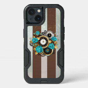 Steampunk Clock and Turquoise Roses on Striped