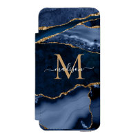Chic Marine Blue Gold Agate Geode Feminine Monogra