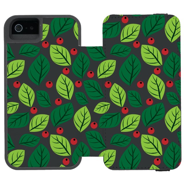 Coque Portefeuille Incipio Pour iPhone Feuilles Vertes, Baies Rouges, Motif De Feuilles (Folio Ouvert)