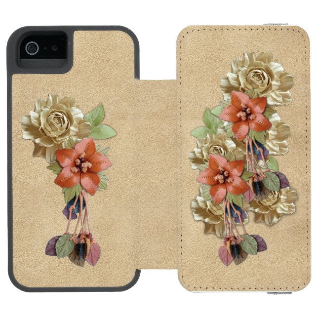 Coque Portefeuille Incipio Pour iPhone Fleurs en cuir sur daim crème (Folio Ouvert)