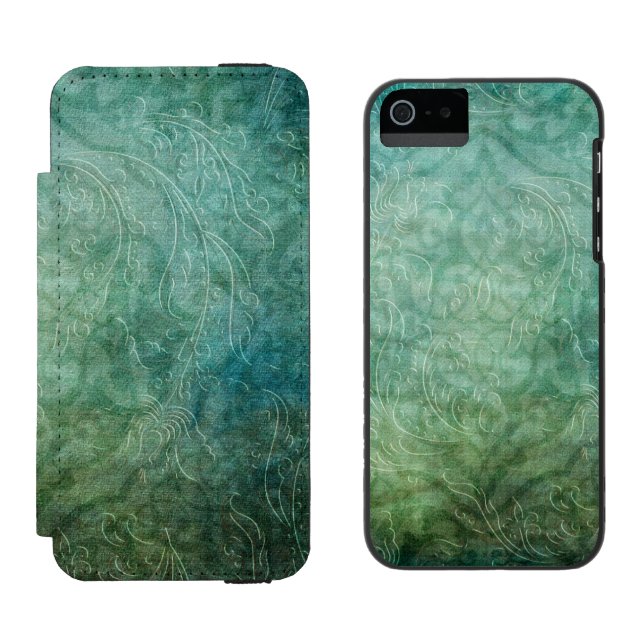 Coque Portefeuille Incipio Pour iPhone Grungy Embossé Turquoise bleu Damask (Côté par côté)