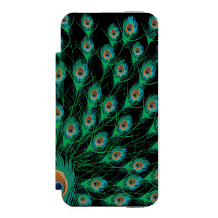 Coque-portefeuille iPhone 5 Incipio Watson™ Illustration avec des plumes de paon sur le noir