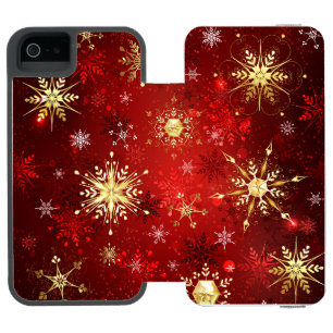 Coque-portefeuille iPhone 5 Incipio Watson™ Noël Golden Snowflakes sur Arrière - plan rouge