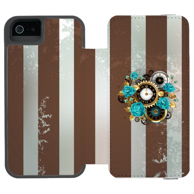 Coque Portefeuille Incipio Pour iPhone Steampunk Clock and Turquoise Roses on Striped (Folio Ouvert)