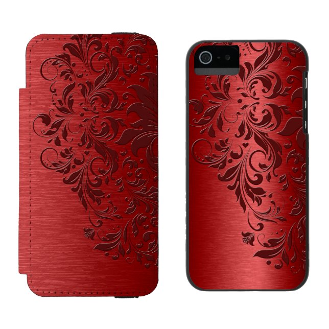 Coque Portefeuille Incipio Pour iPhone Texture métallique rouge profond et dentelle rouge (Côté par côté)