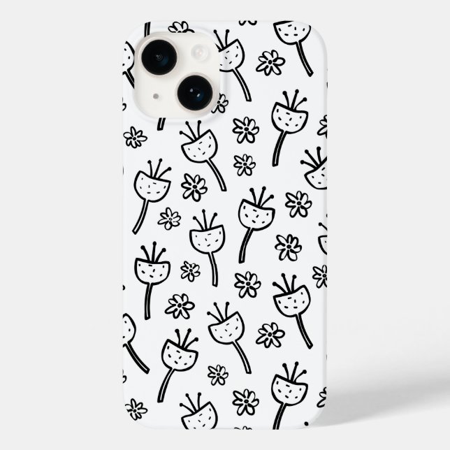 Coque Pour iPhone 14 Coque iphone de fleurs de gribouillis noir et blan (Verso)