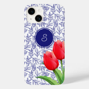 Coque Pour iPhone 14 Élégantes Tulipes Rouges Printemps Floral Blue Mon
