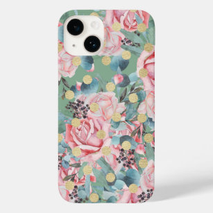 Coque Pour iPhone 14 Polka rose fleurie point rose vintage patte turquo