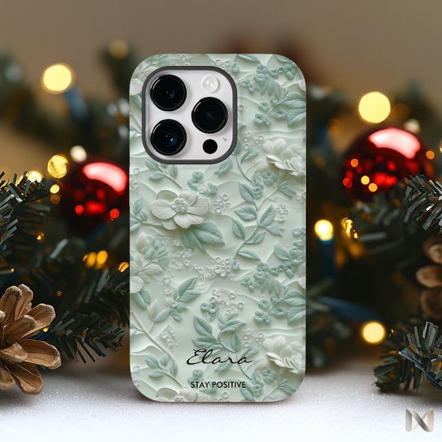 Coque Pour iPhone 14 Pro Coque iphone floral brodé vert à la menthe personn (Créateur téléchargé)