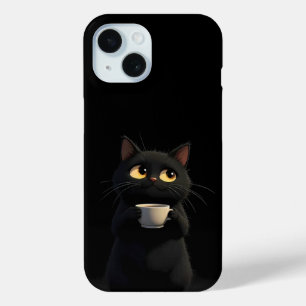 Coque Pour iPhone 15 Chat noir avec café Mug Funny coque iphone
