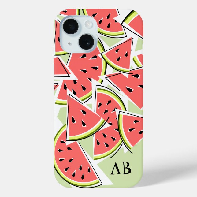 Coque Pour iPhone 15 Coque iphone vert de pastèque "Monogramme" vertica (Verso)