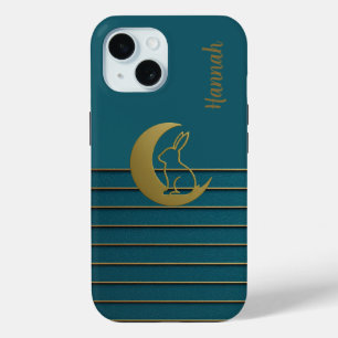 Coque Pour iPhone 15 Lune d'or et lapin sur iPhone Turquoise / coque ip