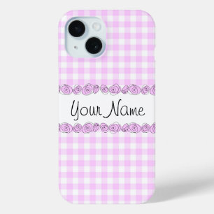 Coque Pour iPhone 15 Rose Lilac Check 'Nom' coque iphone