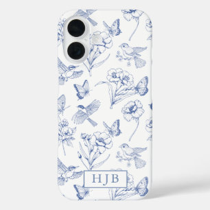 Coque Pour iPhone 16 Bleu Floral Toile Papillon Monogramme coque iphone