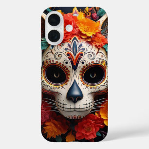 Coque Pour iPhone 16 Chat crâne sucre avec Fleurs iPhone / coque ipad