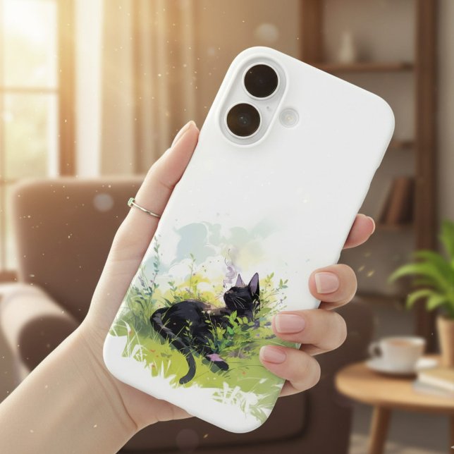 Coque Pour iPhone 16 Chat noir sur iPhone Grass 16 Coque (Purr-fectly peaceful. Cute black cat iPhone 16 case.)