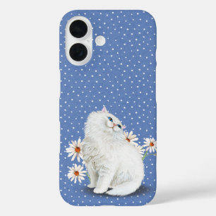 Coque Pour iPhone 16 chat perse blanc sur Coque bleu-coque iphone Mate