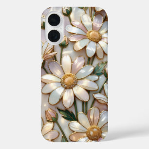 Coque Pour iPhone 16 Coque iPhone Elegant Daisy Vitrail Ivoire Or