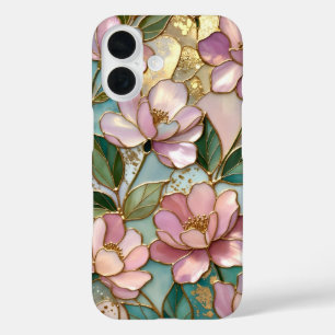 Coque Pour iPhone 16 Coque iPhone Fleurs Roses Motif Vitrail Doré