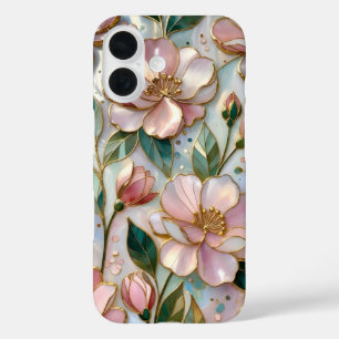 Coque Pour iPhone 16 Coque iPhone Fleurs Roses Vitrail Pastel Or