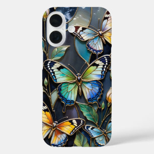 Coque Pour iPhone 16 Coque iPhone Papillon Bleu foncé Verre teinté doré