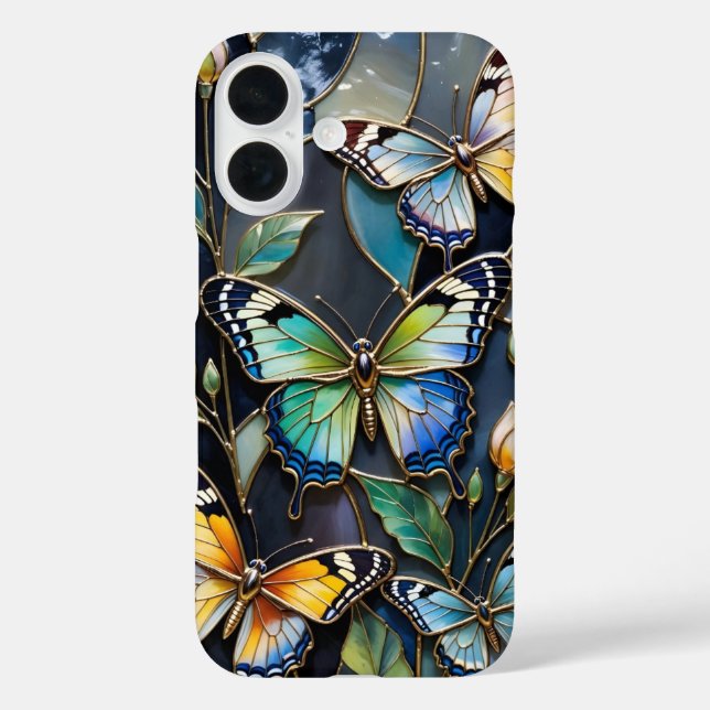Coque Pour iPhone 16 Coque iPhone Papillon Bleu foncé Verre teinté doré (Verso)