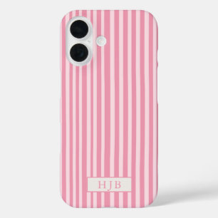 Coque Pour iPhone 16 Preppy Pink Stripe Monogramme Joli iPhone 16 Coque