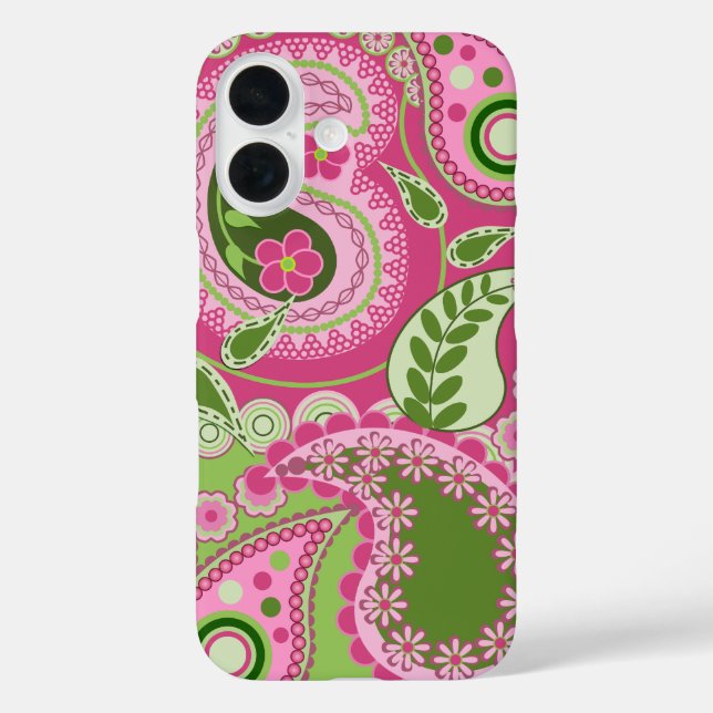 Coque Pour iPhone 16 Rose et vert Paisley iPhone 16 coque (Verso)