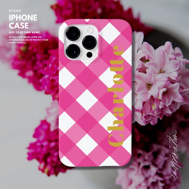 Coque Pour Pour iPhone 14 Pro Max Typographie rose En vichy coque iphone avec nom (Créateur téléchargé)