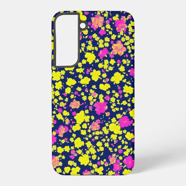 COQUE SAMSUNG GALAXY 紺地に黄色とピンクの花模様　和風　着物柄 (Verso)