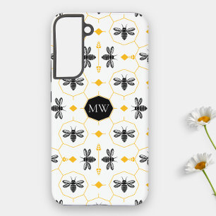 Coque Samsung Galaxy Abeille Monogrammée Moderne Noir Jaune Chic Nid d'