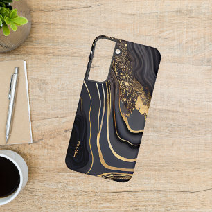 Coque Samsung Galaxy Agate d'or noir blanc monogramme linéaire