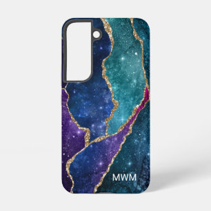 Coque Samsung Galaxy Agate Monogramme Veines Or Bleu Violet Aqua