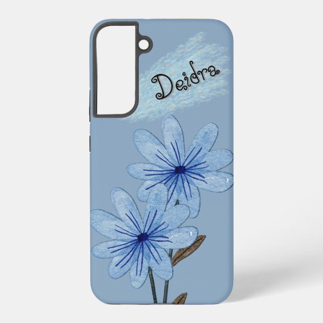 Coque Samsung Galaxy Aquarelle bleu Fleurs sauvages avec nom Crayon (Verso)