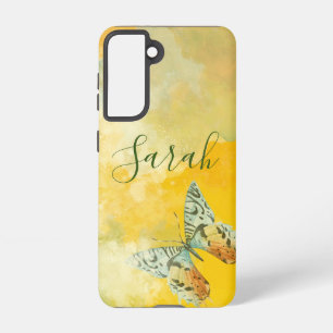 Coque Samsung Galaxy Aquarelle jaune Monogramme Nom Tie Dye Papillon