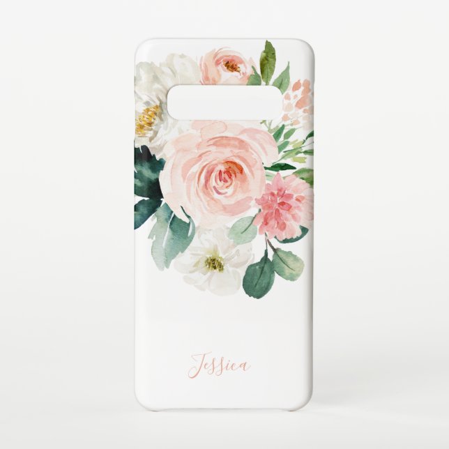 Coque Samsung Galaxy Aquarelle rose pâle Floral avec votre nom (Dos)